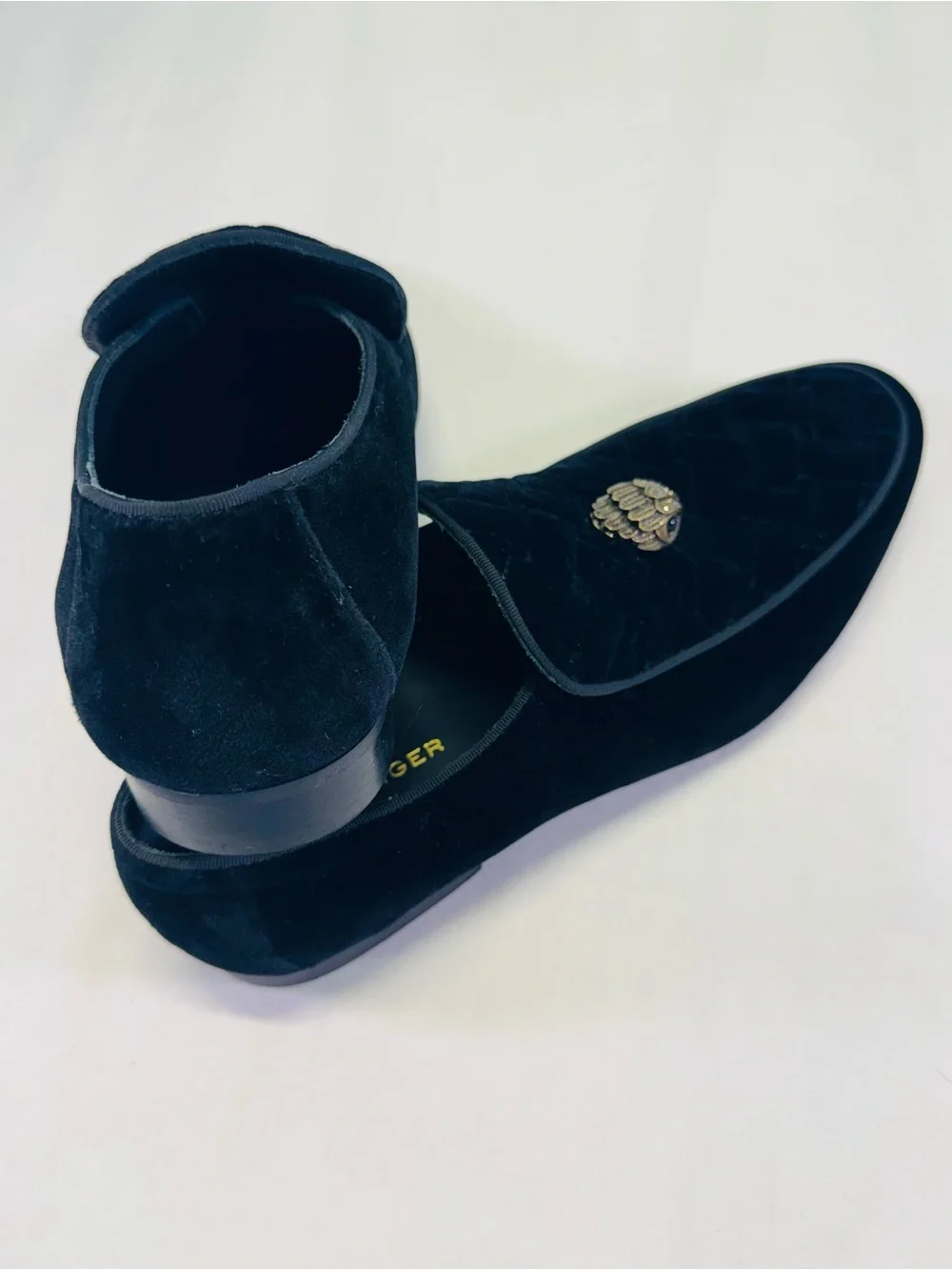 Kurt Geiger Black Velvet Slip-On Loafers with Gold Bird Emblem